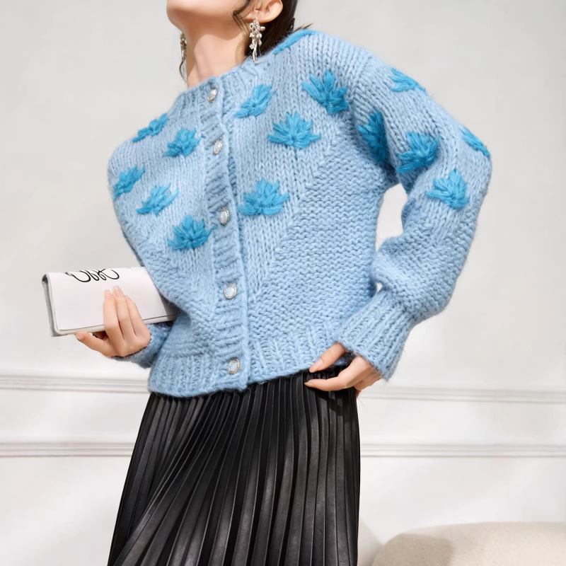 Winter Clothing Material - Blauwe trui, Koreaanse mode, met bloemen